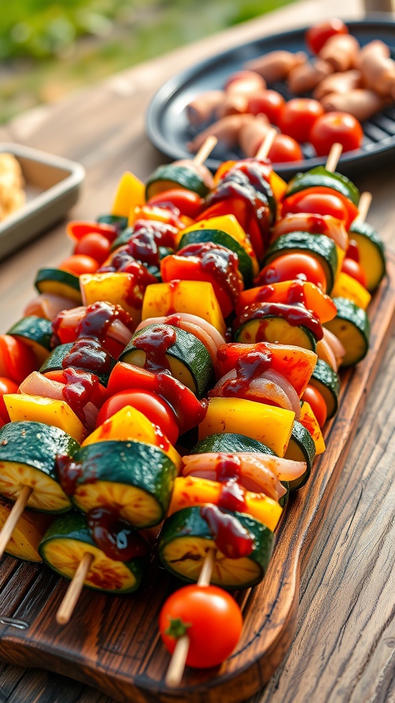 Grilled vegetable skewers with zucchini, bell peppers, tomatoes on a wooden table, ready for serving.